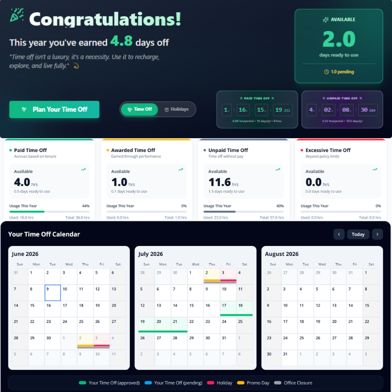 Time Off dashboard showing days earned, available hours, three-month calendar view, and four PTO bucket types